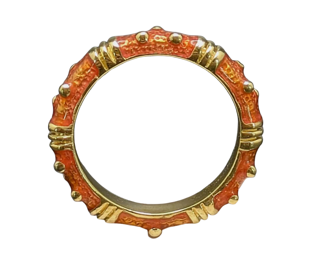 Orange Enamel Eternity Band with Vertical Bar and Dot Design - Yellow Gold