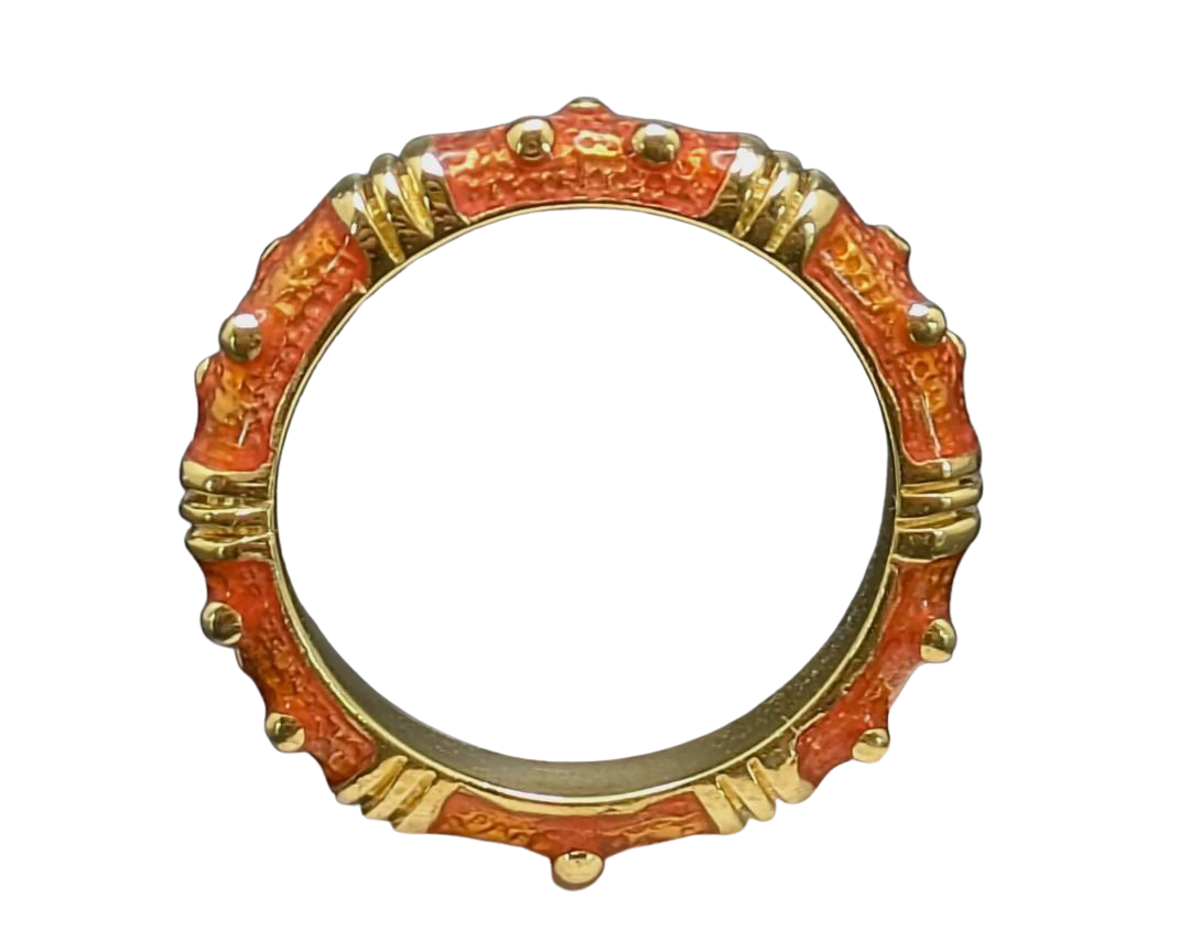 Orange Enamel Eternity Band with Vertical Bar and Dot Design - Yellow Gold