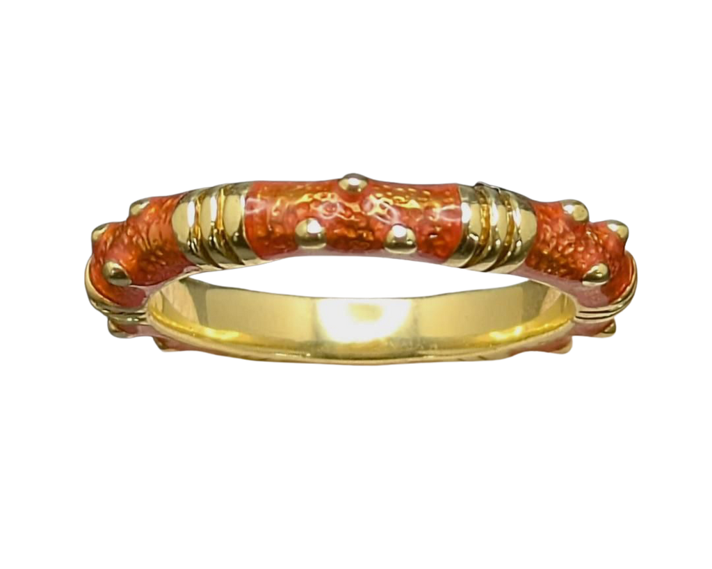 Orange Enamel Eternity Band with Vertical Bar and Dot Design - Yellow Gold