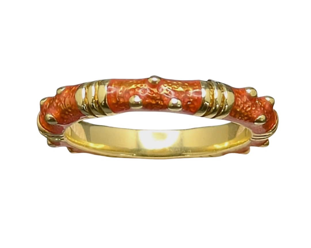 Orange Enamel Eternity Band with Vertical Bar and Dot Design - Yellow Gold