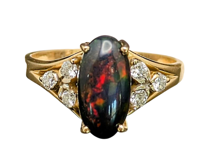 Australian Black Opal Ring with Diamond Accents - Yellow Gold