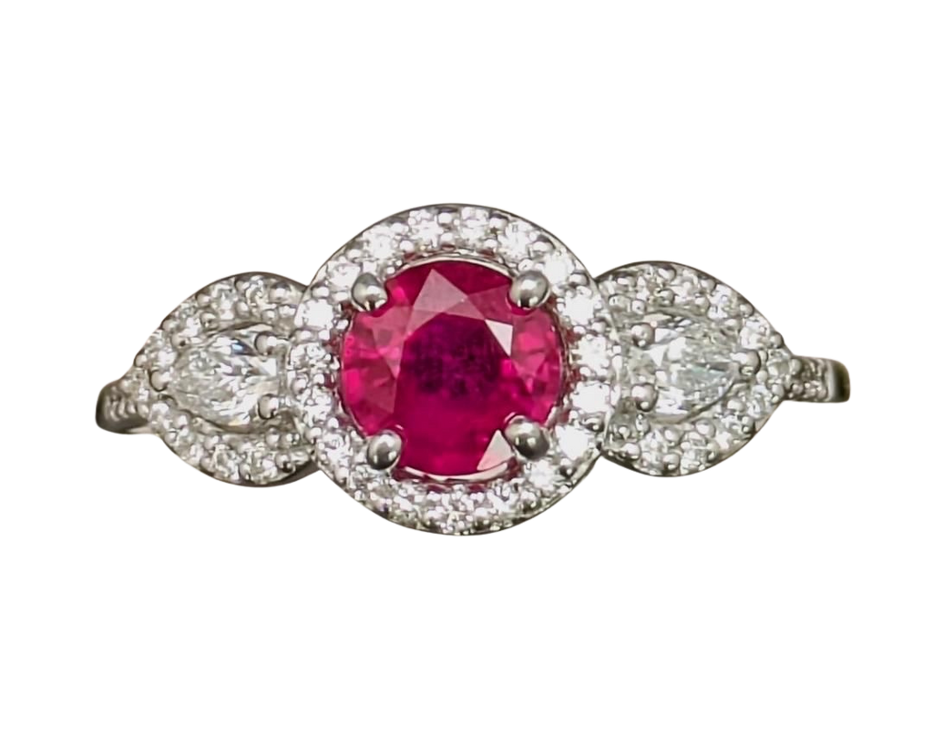 Ruby and Diamond Ring with Pave Diamond Halo and Accented Shank - White Gold