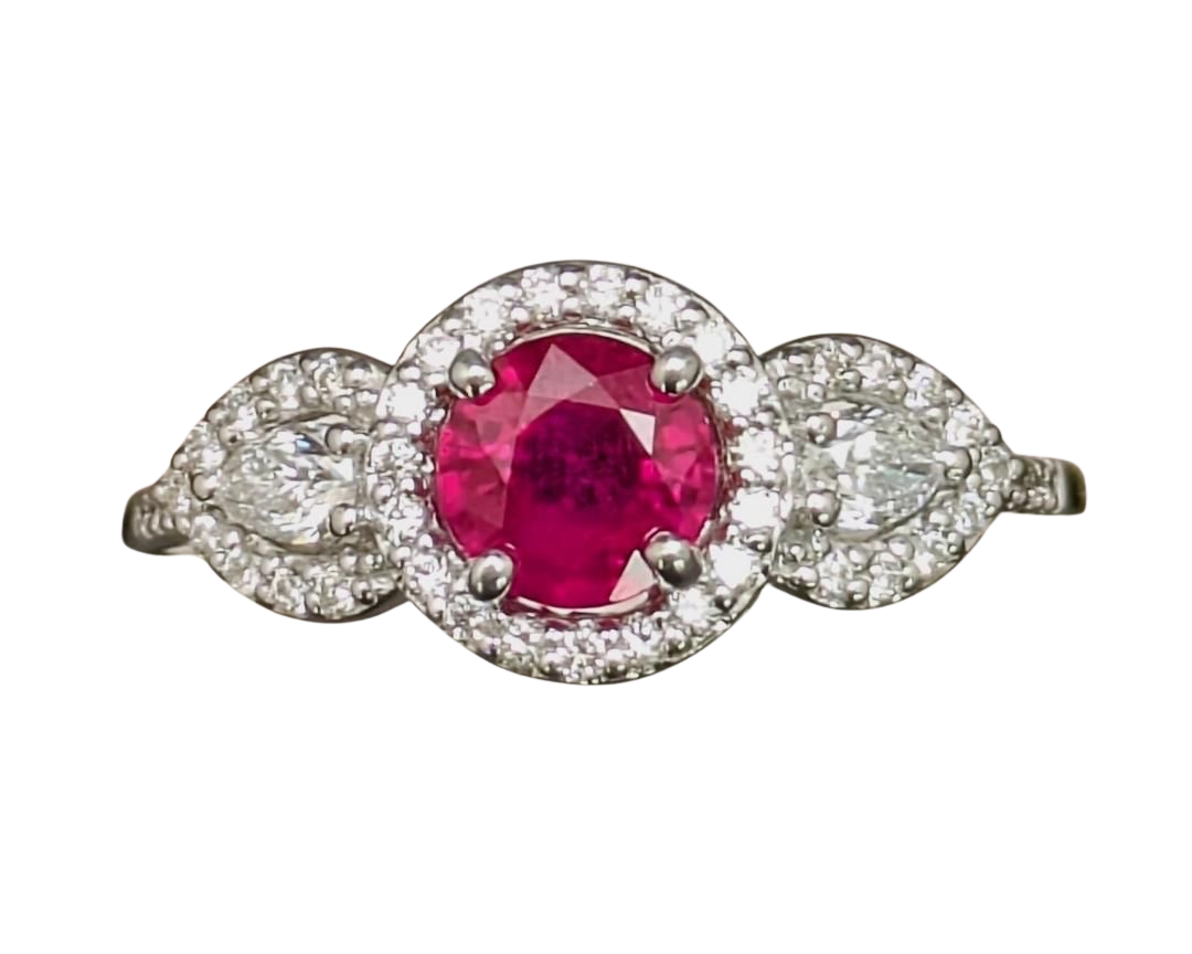 Ruby and Diamond Ring with Pave Diamond Halo and Accented Shank - White Gold