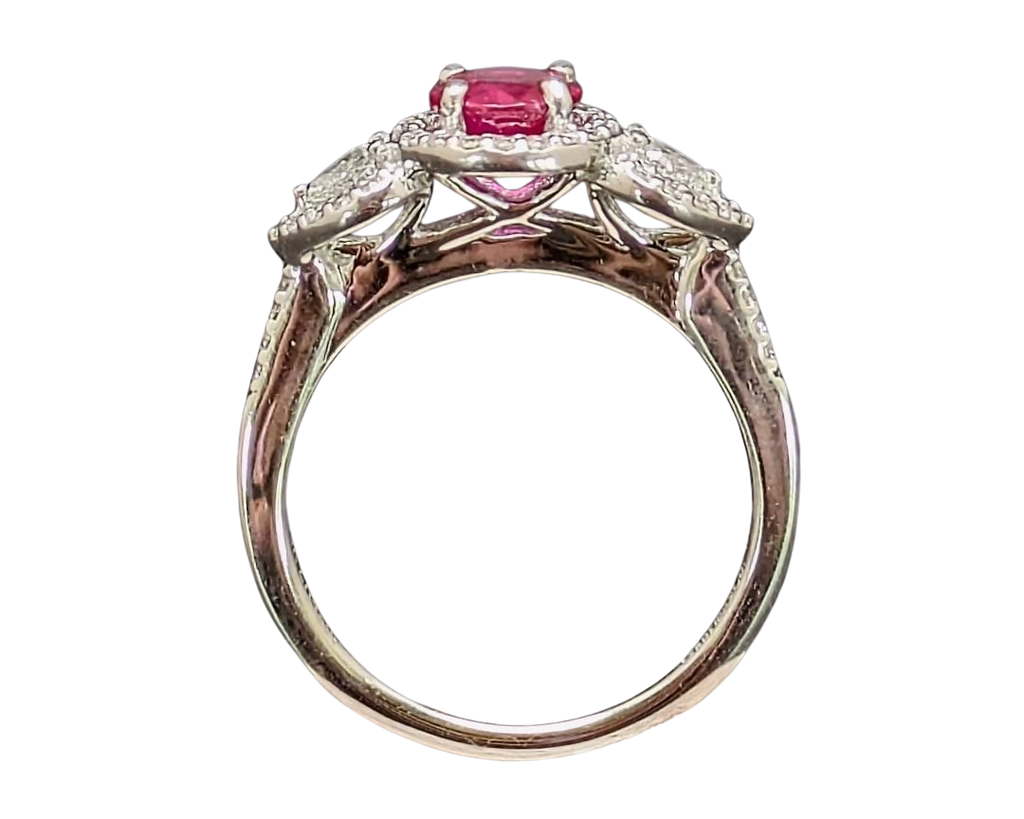 Ruby and Diamond Ring with Pave Diamond Halo and Accented Shank - White Gold