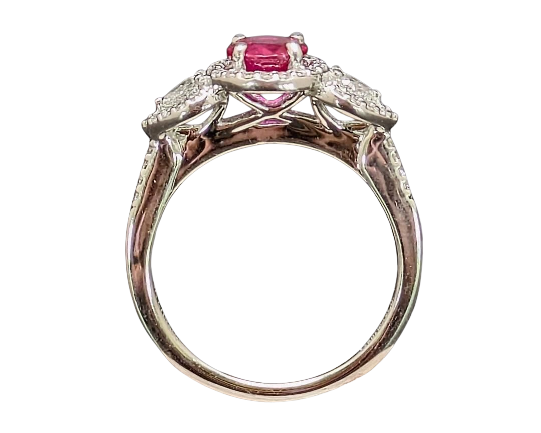 Ruby and Diamond Ring with Pave Diamond Halo and Accented Shank - White Gold