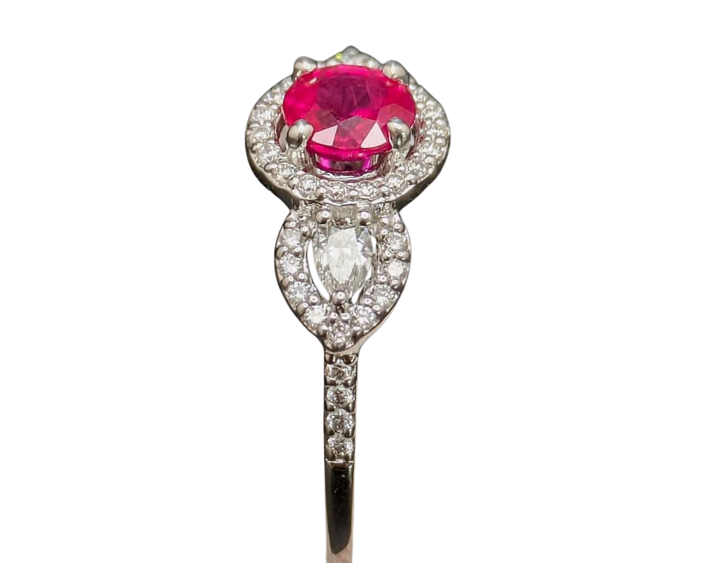 Ruby and Diamond Ring with Pave Diamond Halo and Accented Shank - White Gold