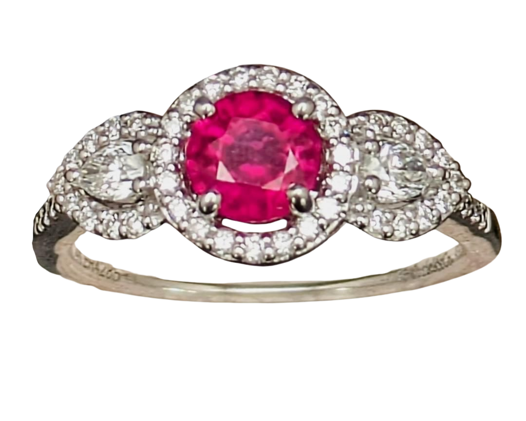 Ruby and Diamond Ring with Pave Diamond Halo and Accented Shank - White Gold