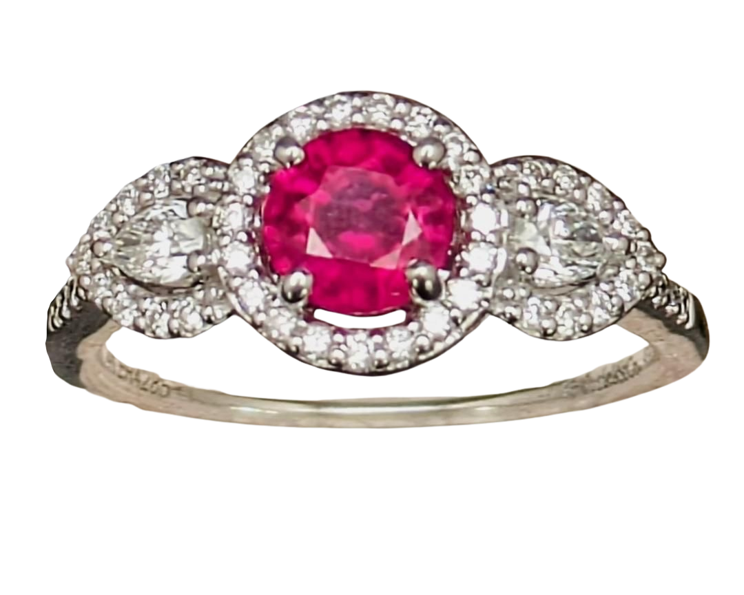 Ruby and Diamond Ring with Pave Diamond Halo and Accented Shank - White Gold