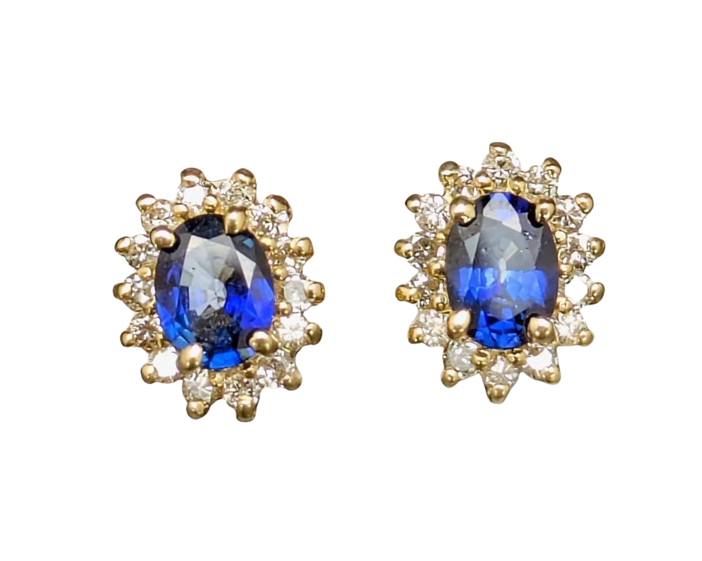 Oval Sapphire Stud Earrings with Diamond Halo - Yellow Gold
