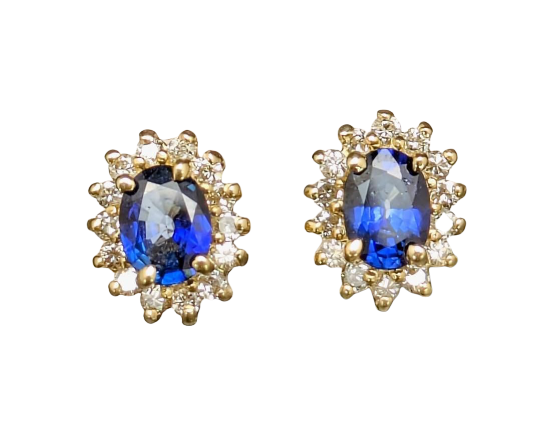 Oval Sapphire Stud Earrings with Diamond Halo - Yellow Gold