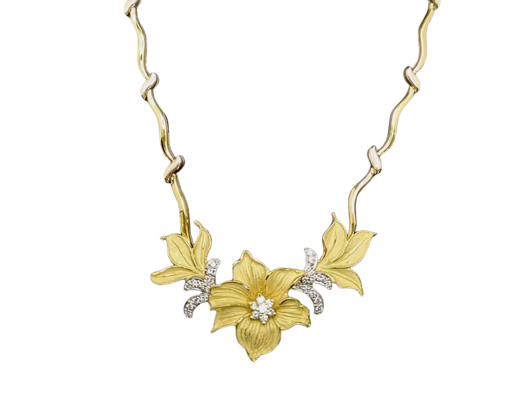 Diamond Accented Flower Necklace - Two Tone