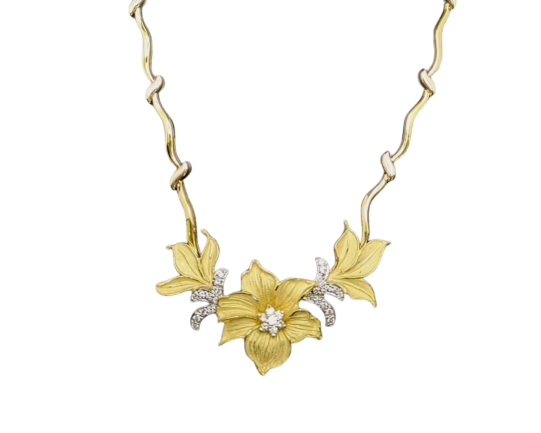Diamond Accented Flower Necklace - Two Tone