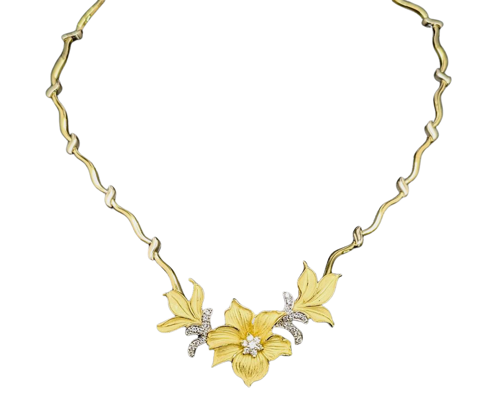 Diamond Accented Flower Necklace - Two Tone