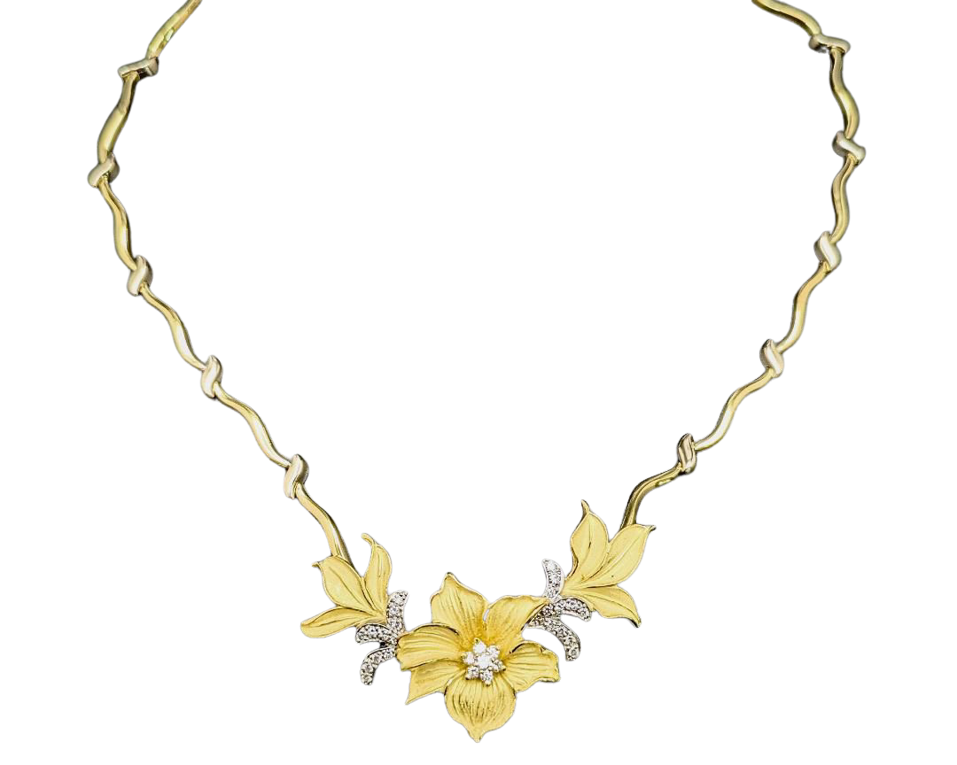 Diamond Accented Flower Necklace - Two Tone