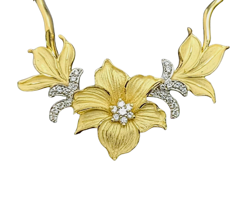 Diamond Accented Flower Necklace - Two Tone
