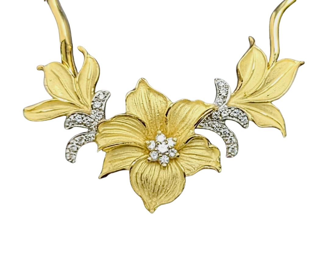 Diamond Accented Flower Necklace - Two Tone