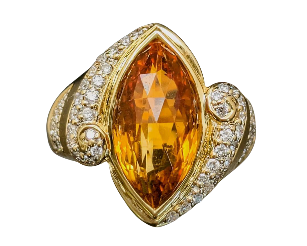 Marquise Citrine Ring with Pave Diamond and Citrine Accents- Yellow Gold