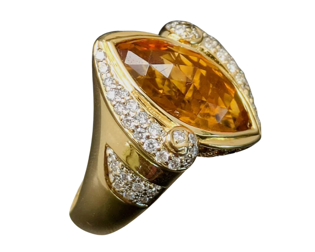Marquise Citrine Ring with Pave Diamond and Citrine Accents- Yellow Gold