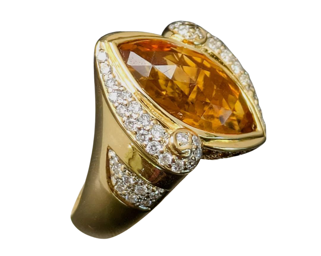 Marquise Citrine Ring with Pave Diamond and Citrine Accents- Yellow Gold
