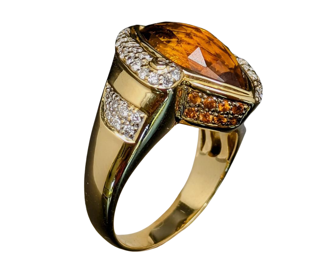 Marquise Citrine Ring with Pave Diamond and Citrine Accents- Yellow Gold