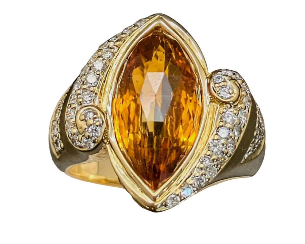 Marquise Citrine Ring with Pave Diamond and Citrine Accents- Yellow Gold