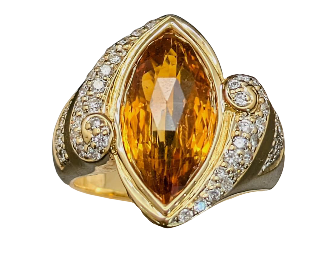 Marquise Citrine Ring with Pave Diamond and Citrine Accents- Yellow Gold