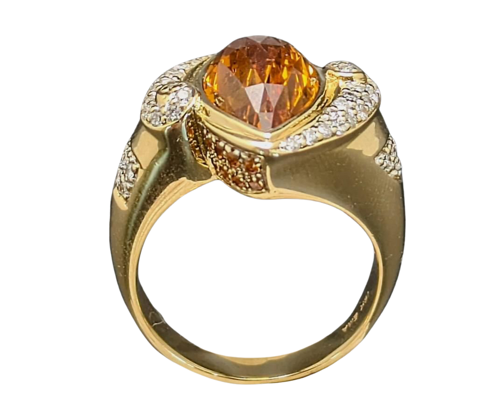 Marquise Citrine Ring with Pave Diamond and Citrine Accents- Yellow Gold