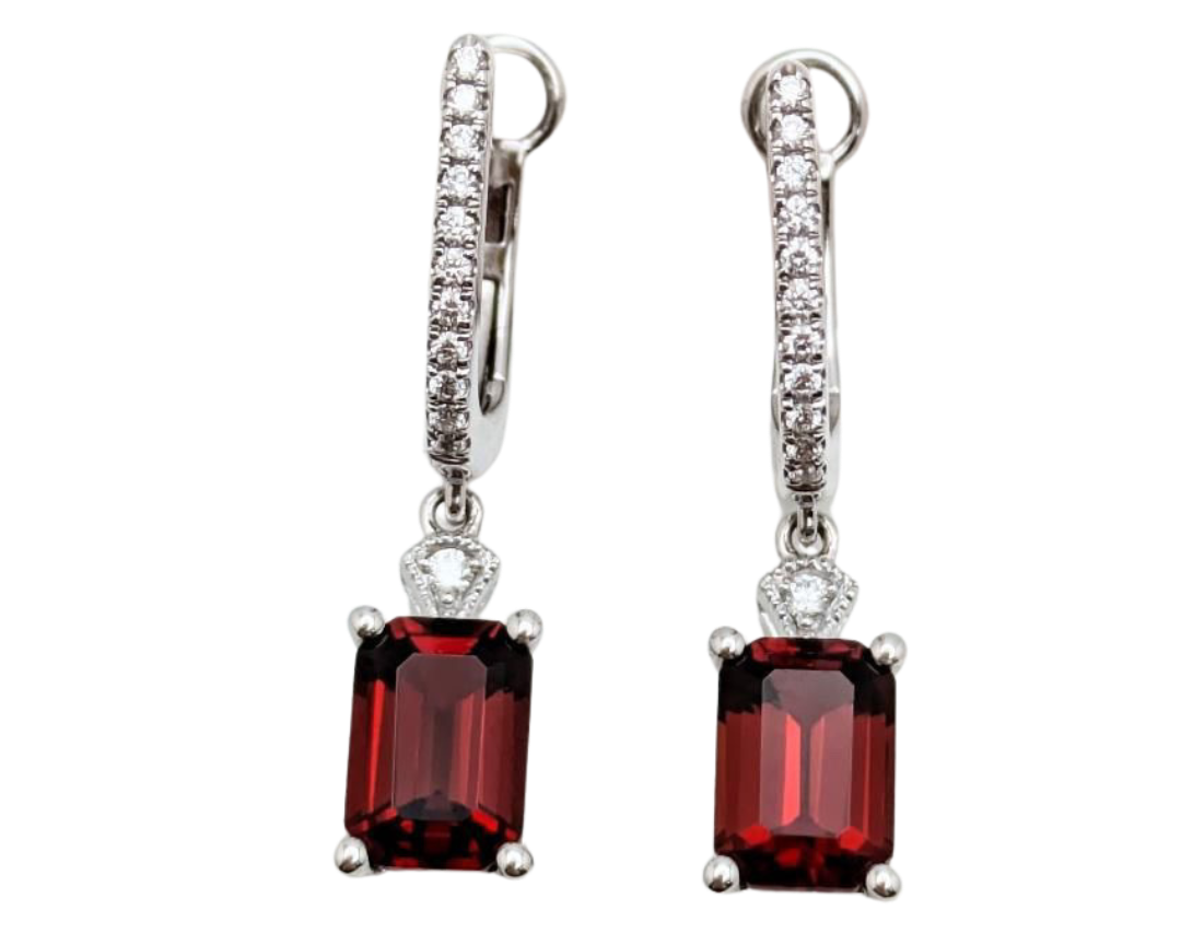 Garnet Dangle Earrings with Pave Diamond Accents - White Gold