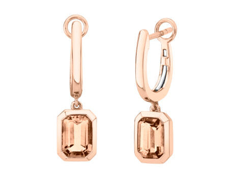 Emerald Cut Morganite Dangle Hoop Earrings - Rose Gold