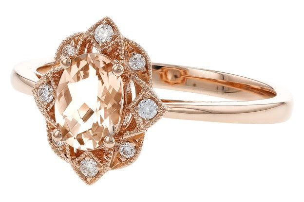Morganite Ring with Diamond Accented Fancy Halo - Rose Gold
