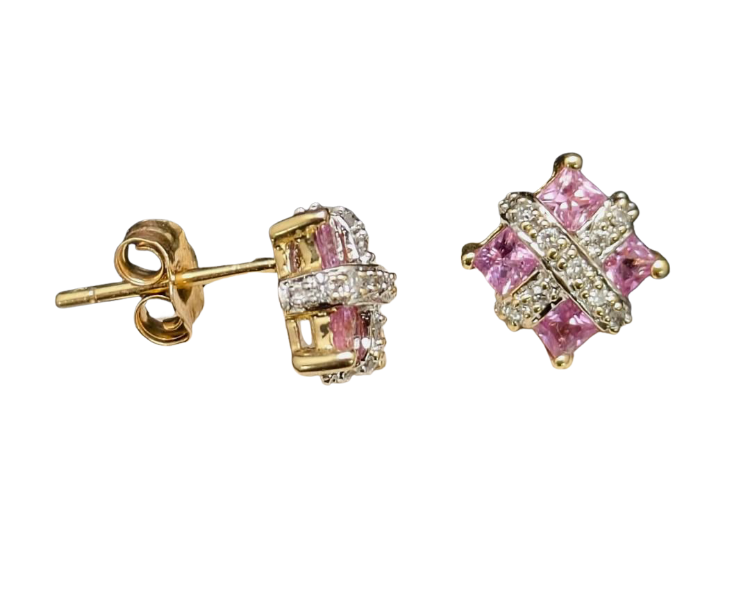 Pink Sapphire and Diamond Gift Box Stud Earrings- 2 Tone Gold