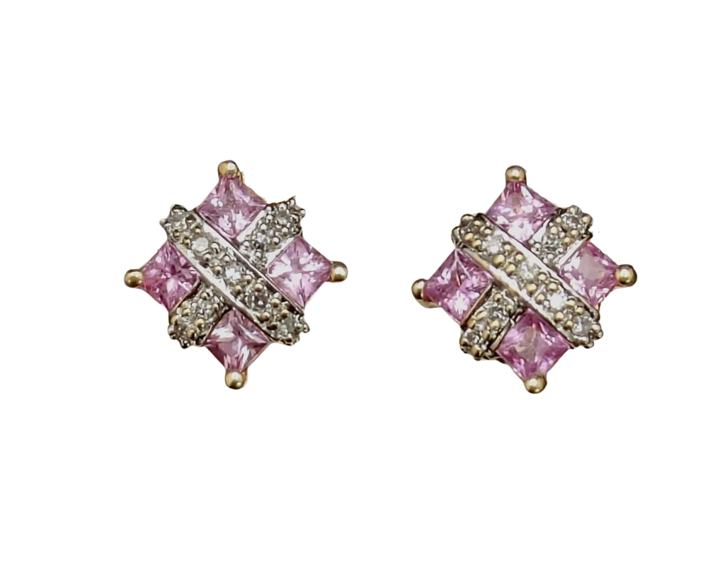 Pink Sapphire and Diamond Gift Box Stud Earrings- 2 Tone Gold