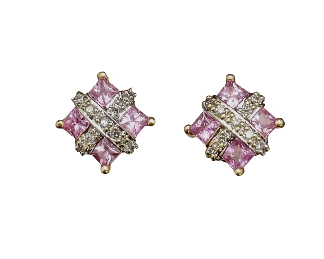 Pink Sapphire and Diamond Gift Box Stud Earrings- 2 Tone Gold