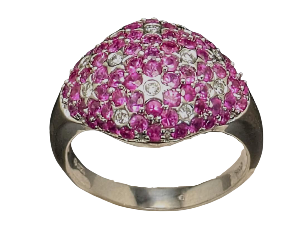 Pink Sapphire Dome Ring with Diamond Star Accents - White Gold