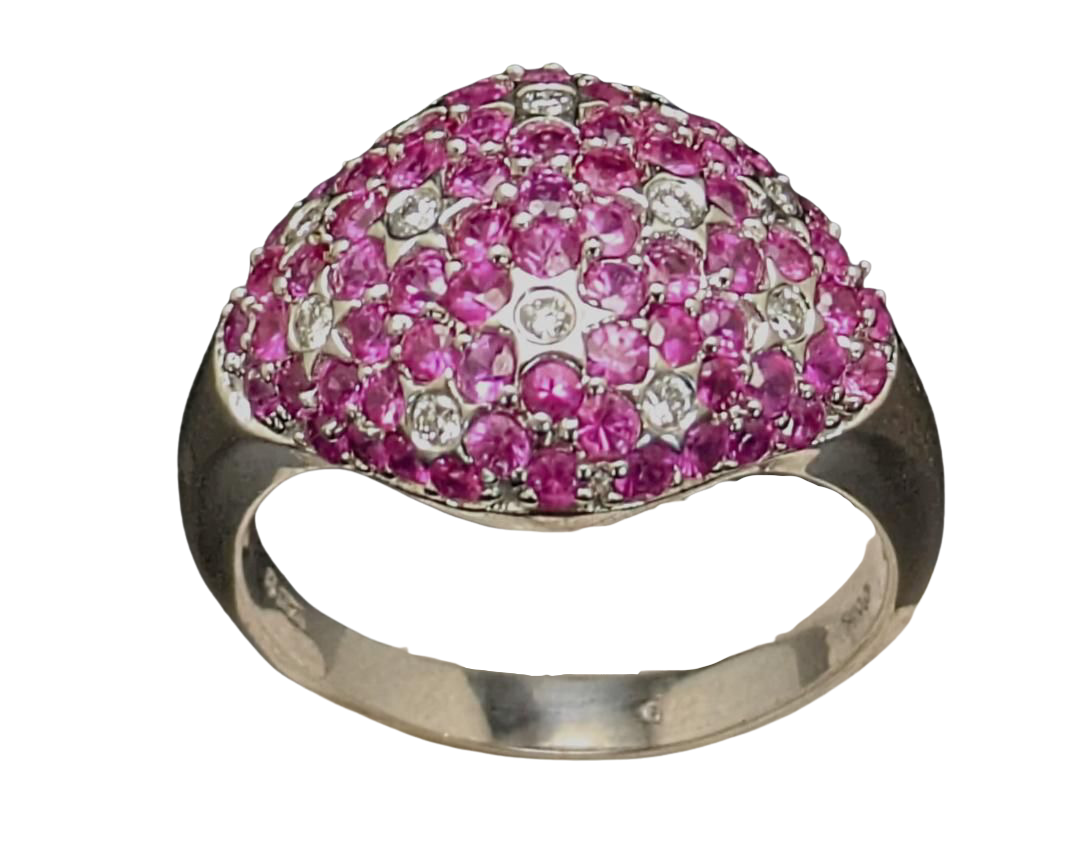 Pink Sapphire Dome Ring with Diamond Star Accents - White Gold
