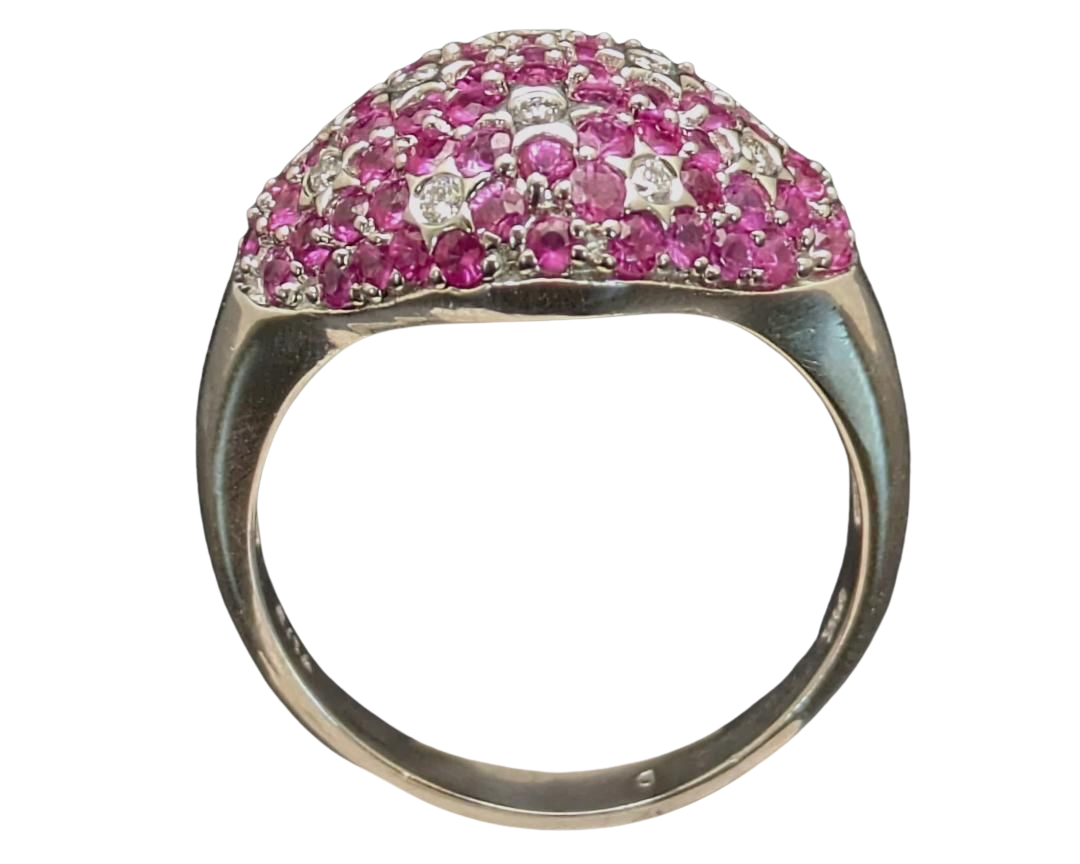 Pink Sapphire Dome Ring with Diamond Star Accents - White Gold