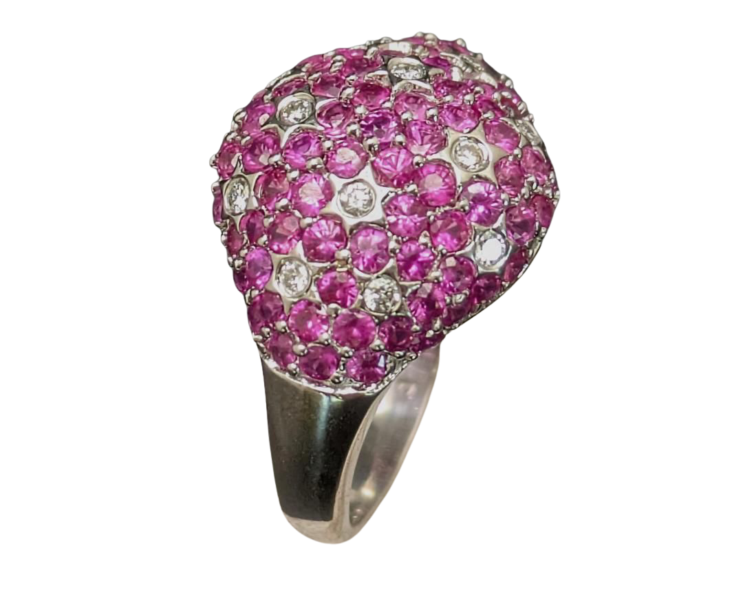 Pink Sapphire Dome Ring with Diamond Star Accents - White Gold