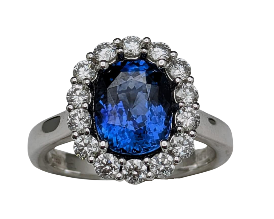 3.21ct Sapphire Ring with Diamond Halo - Platinum