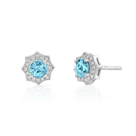 Aquamarine Earrings w/ Star Diamond Halo - White Gold