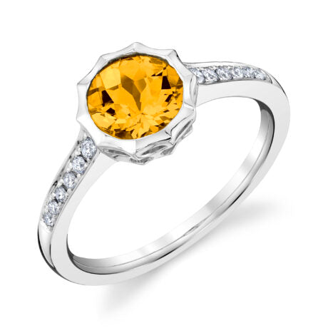 Citrine Bezel Set Ring with Accenting Diamonds - White Gold
