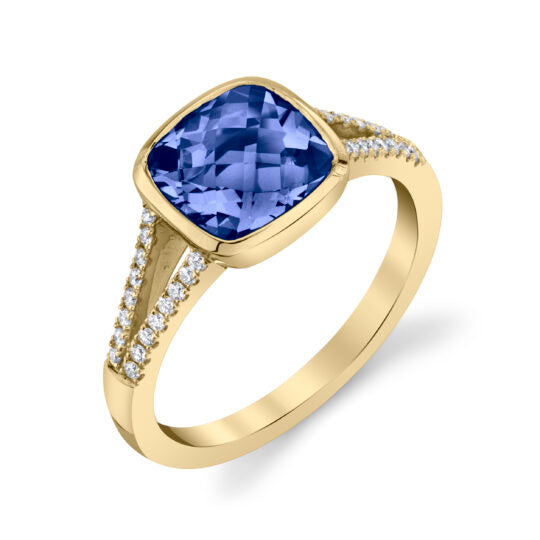 Tanzanite Ring with Pave Diamond Split Shank - Yellow Gold