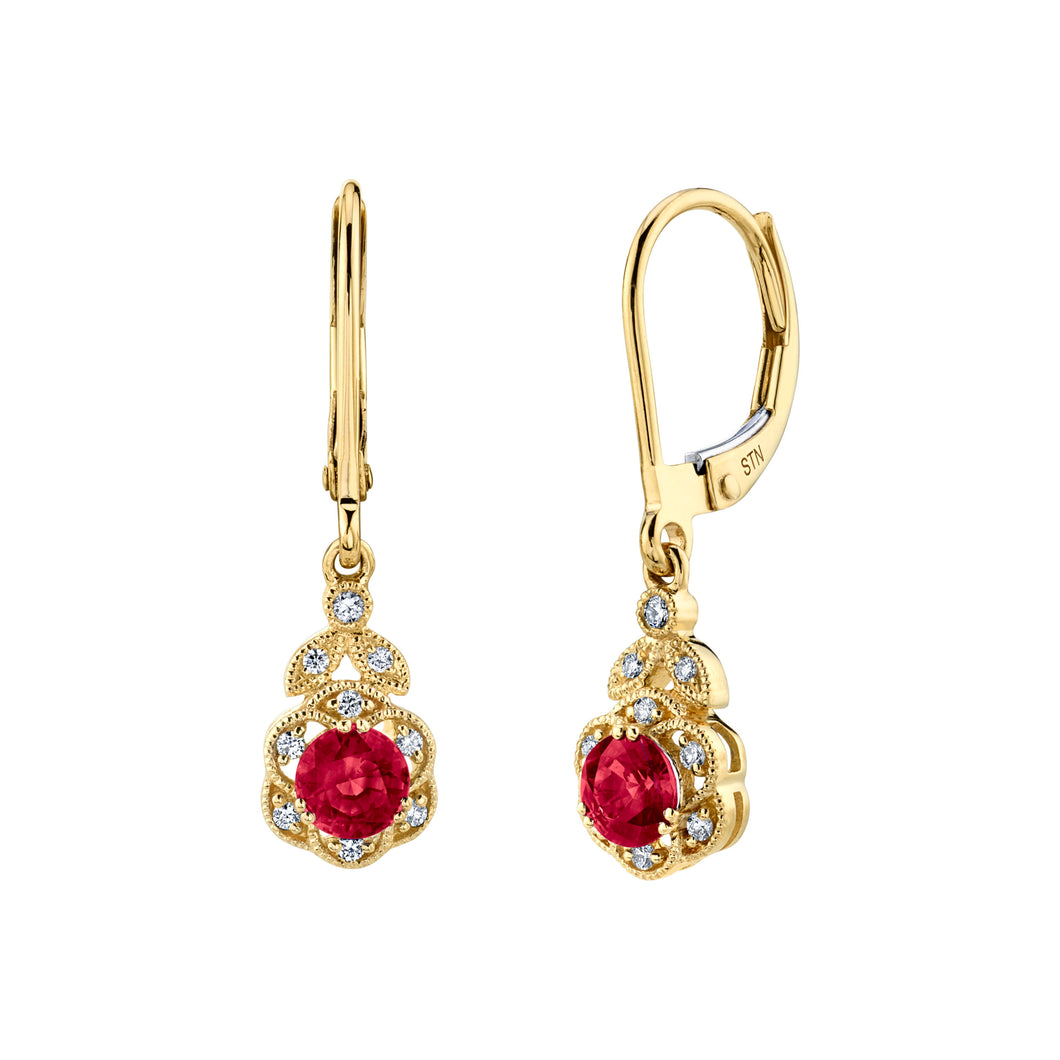 Ruby Floral Dangle Earrings w/Diamond Accents - Yellow Gold