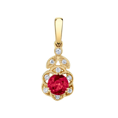 Ruby Floral Pendant with Accenting Diamonds - Yellow Gold