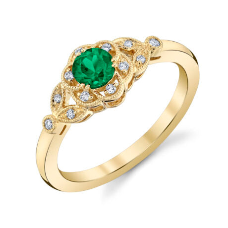Emerald Ring with Floral Design and Diamond Accents - Yellow Gold