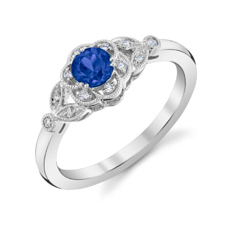 Sapphire Ring with Diamond Accents and Milgrain Details - White Gold
