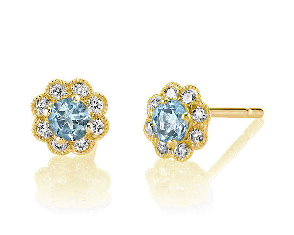 Aquamarine and Diamond Earrings with Milgrain Detail - Yellow Gold