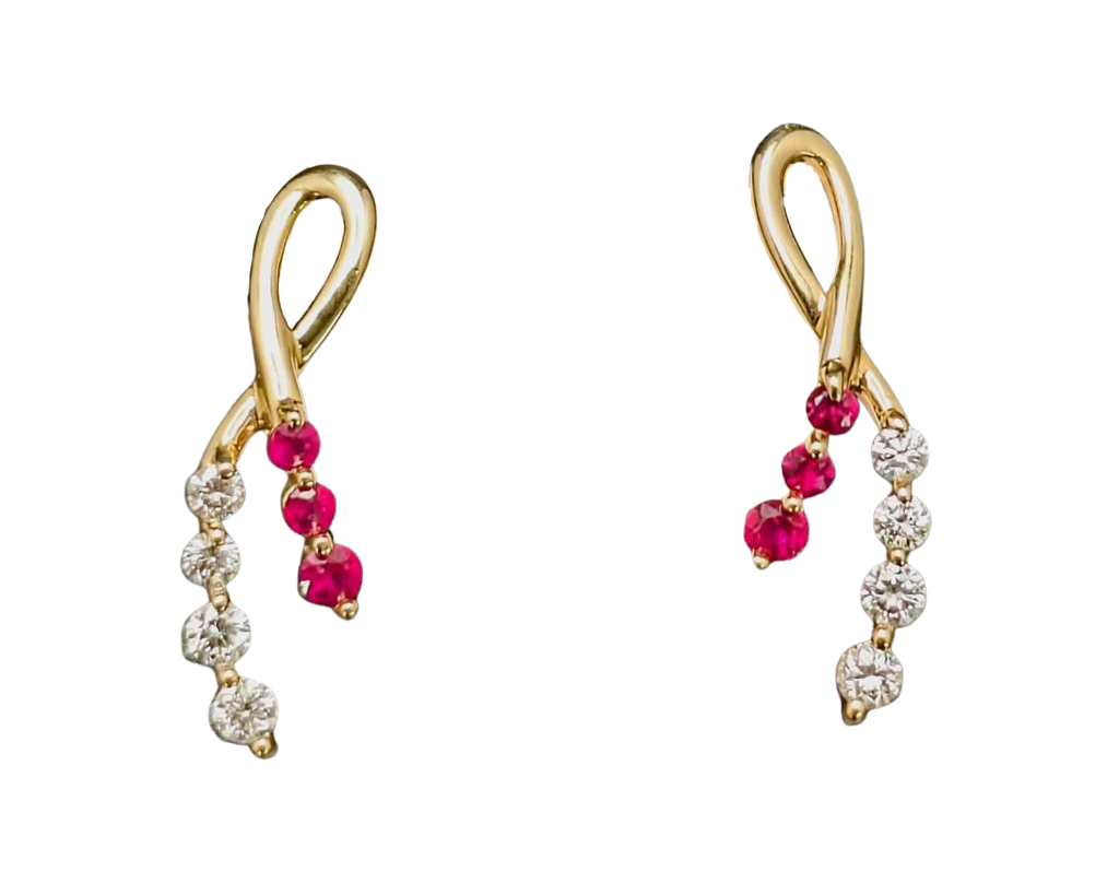 Ruby and Diamond Ribbon Stud Earrings- Yellow Gold
