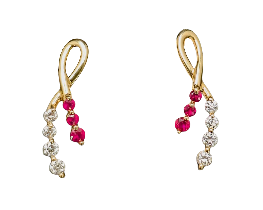 Ruby and Diamond Ribbon Stud Earrings- Yellow Gold