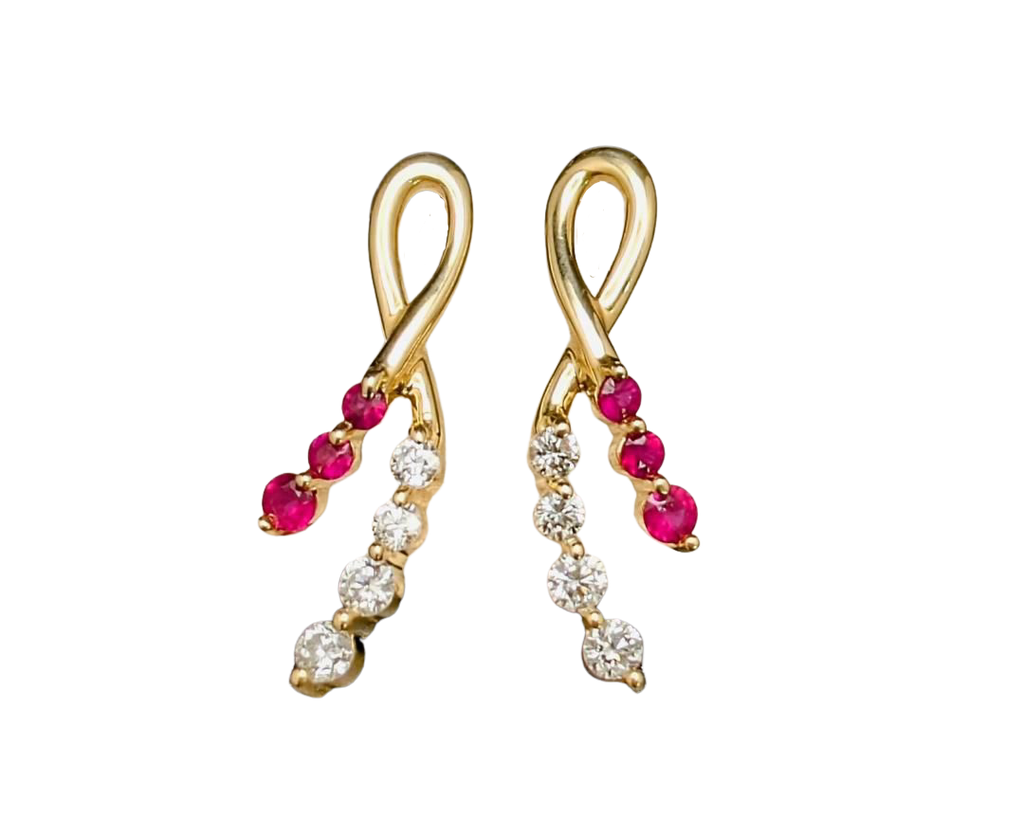 Ruby and Diamond Ribbon Stud Earrings- Yellow Gold