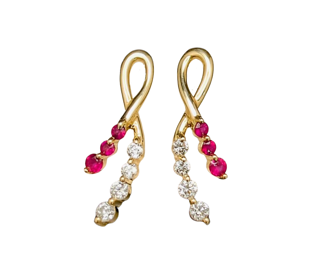 Ruby and Diamond Ribbon Stud Earrings- Yellow Gold